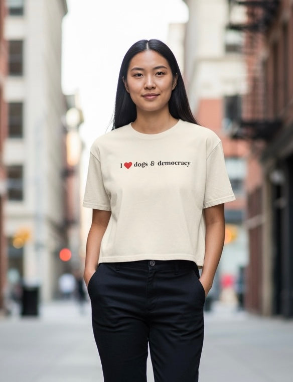 I  Dogs & Democracy Boxy Tee — Women's Political Dog Lover Shirt